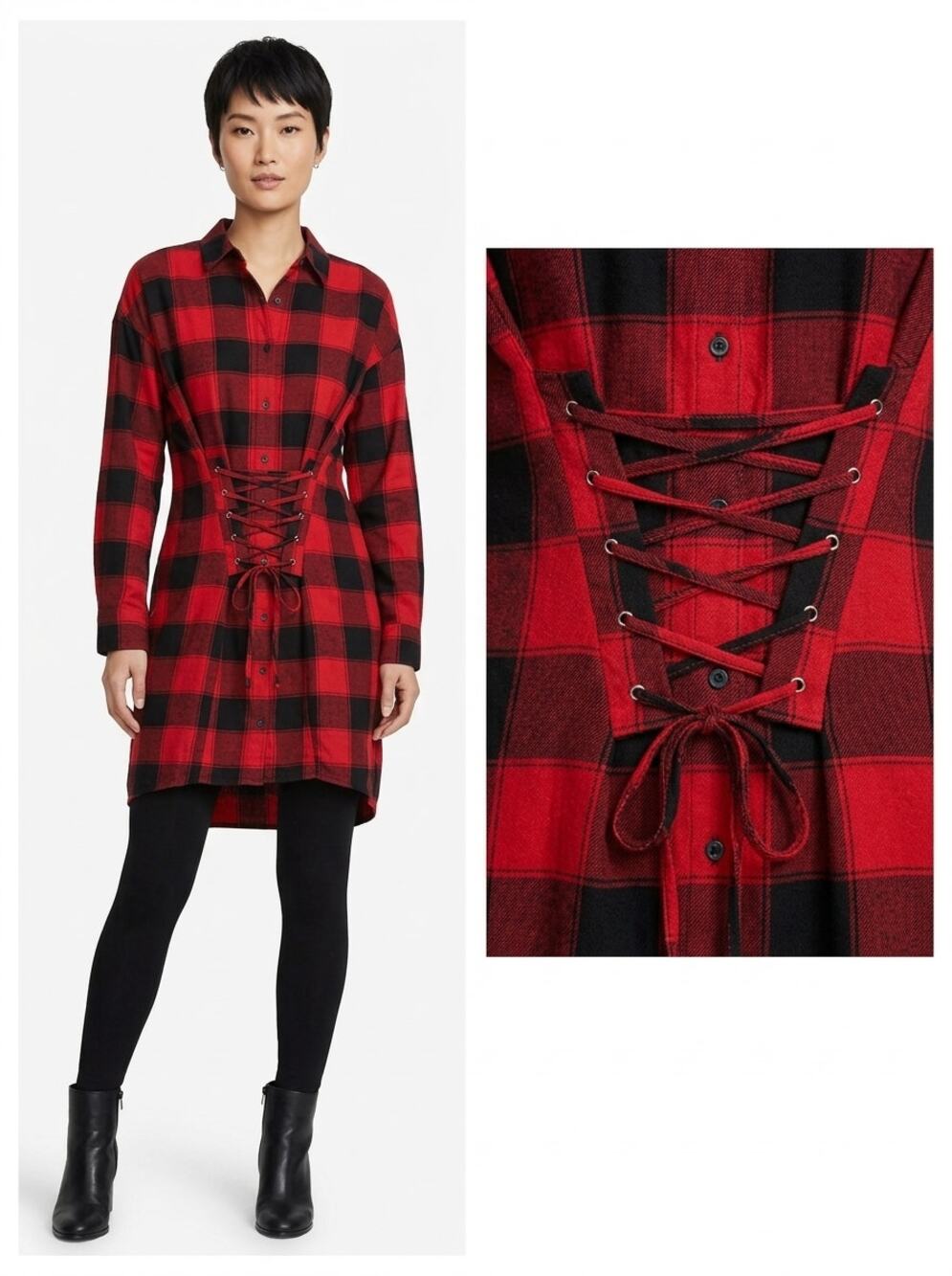 Express Red Black Buffalo Plaid Lace Up Corset Shirt Dress Women Size XS